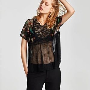 Black Sheer Lace Blouse With Embroidery detail By Zara Medium